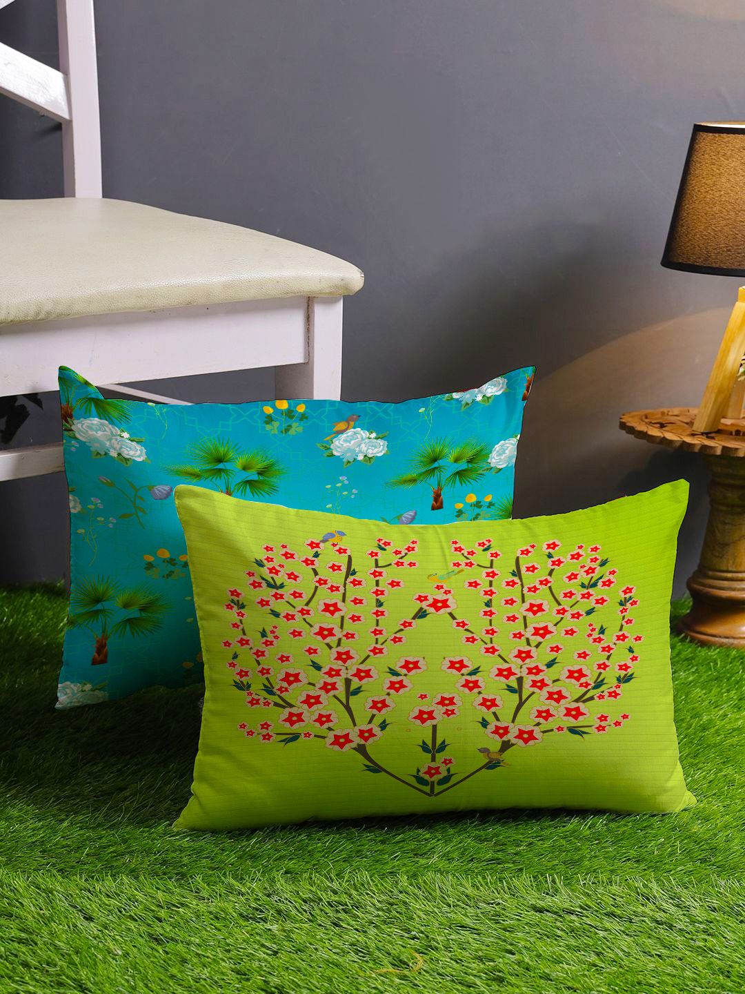 STITCHNEST Green & Blue Set of 2 Floral Rectangle Cushion Covers