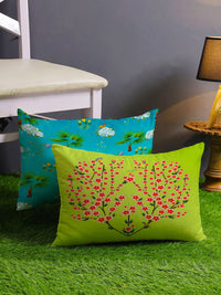 STITCHNEST Green & Blue Set of 2 Floral Rectangle Cushion Covers