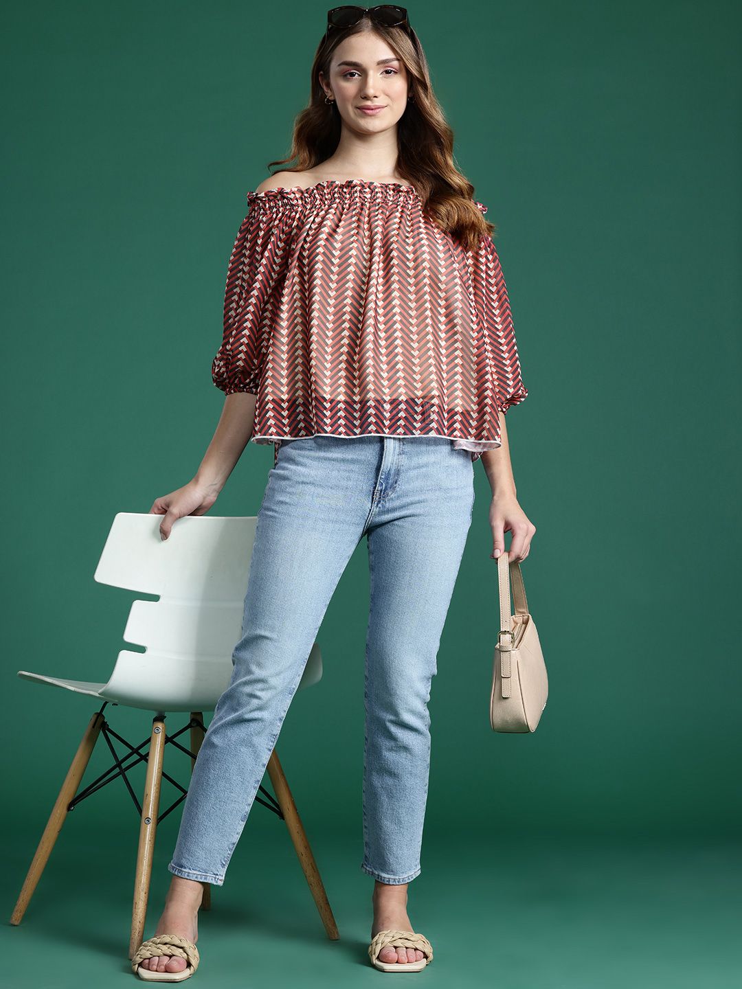 DressBerry Chevron Print Off-Shoulder Bardot Top