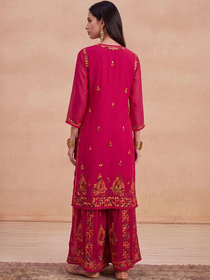 Rumah Wanita Chikankari Motif Etnik Bersulam Benang Biasa Kurta Kerja dengan Sharara