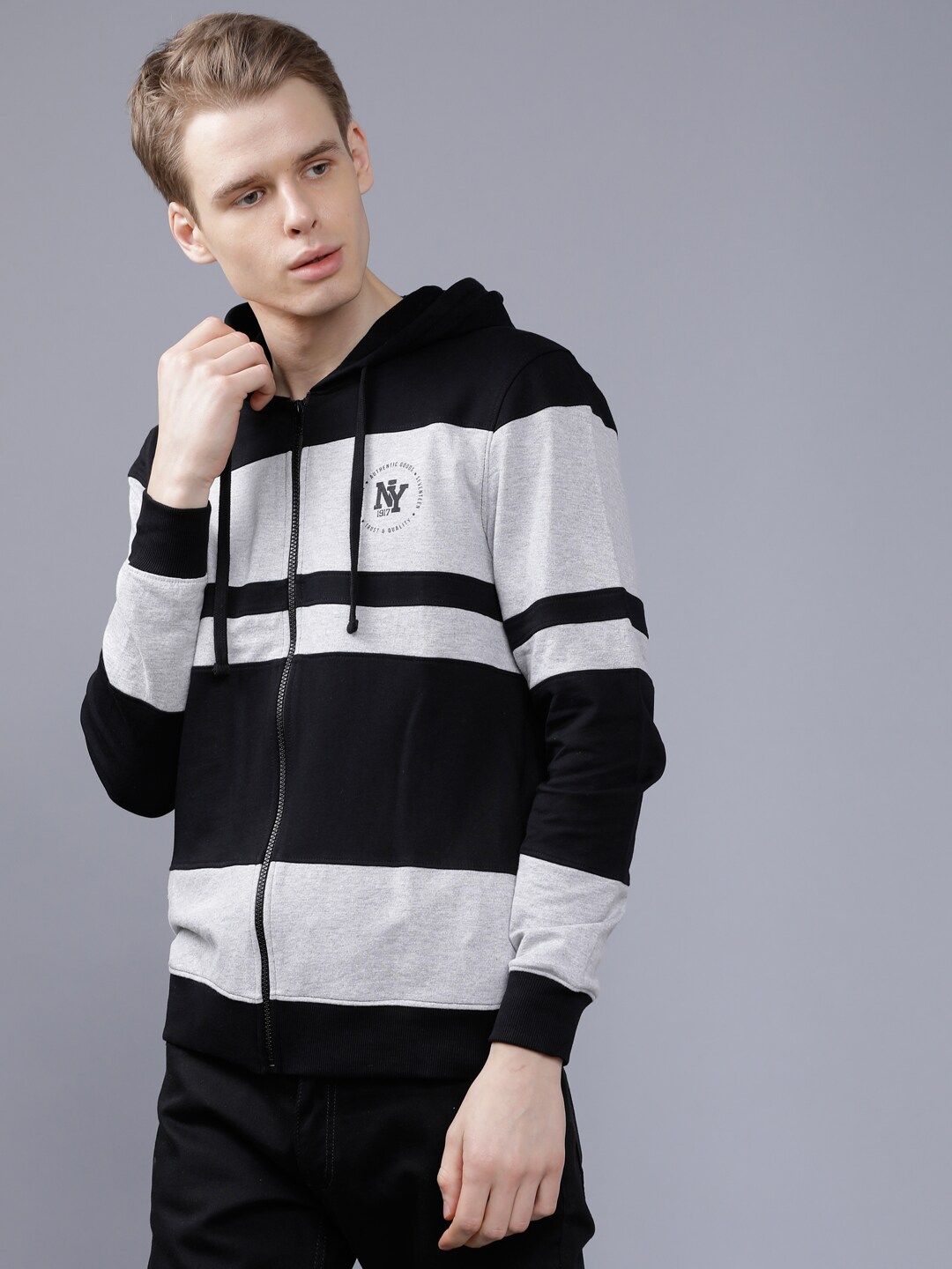 The Indian Garage Co Men Black & Grey Colourblocked Hooded Sweatshirt