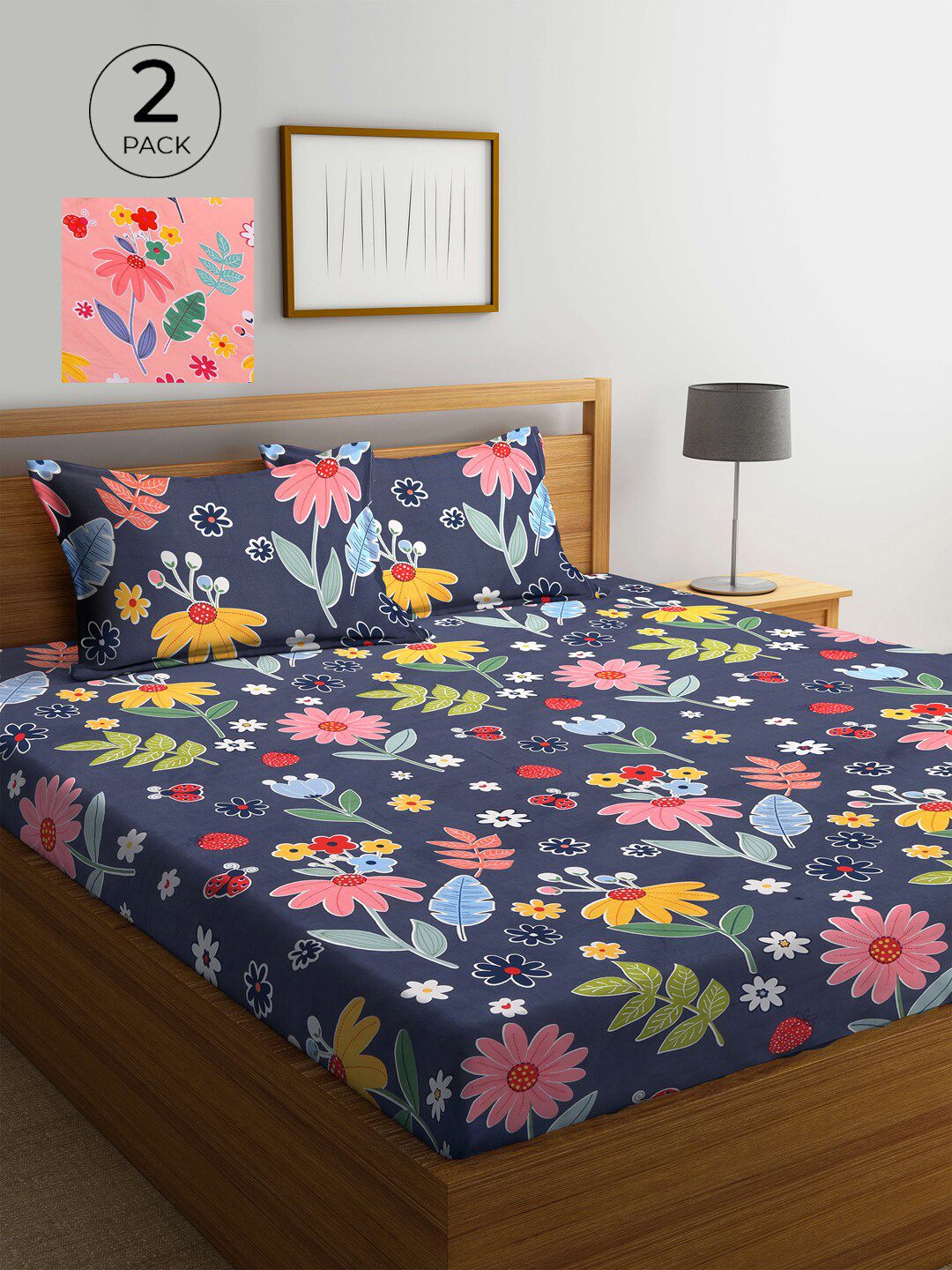 Set 300 TC Bercetak Bunga Biru & Merah Jambu 2 Cadar King dengan 4 Sarung Bantal