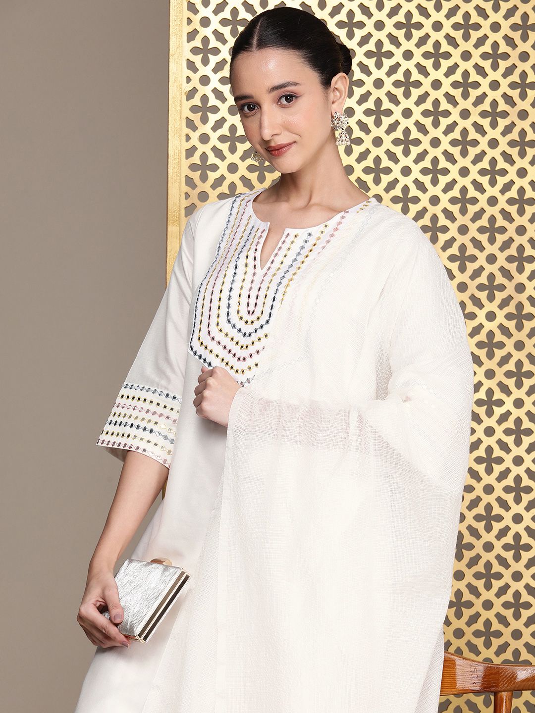 House of Pataudi Embroidered Beads and Stones Jashn Kurta with Palazzos & Dupatta