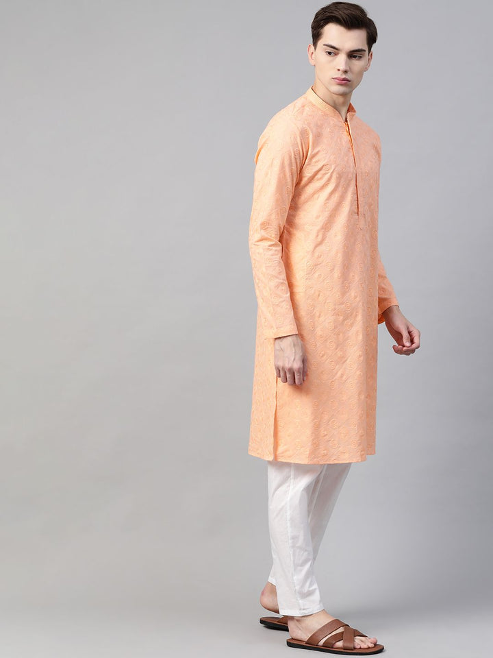 See Designs Men Peach Pure Cotton Chikankari Embroidered Straight Kurta