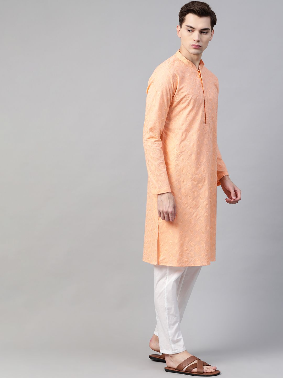 See Designs Men Peach Pure Cotton Chikankari Embroidered Straight Kurta