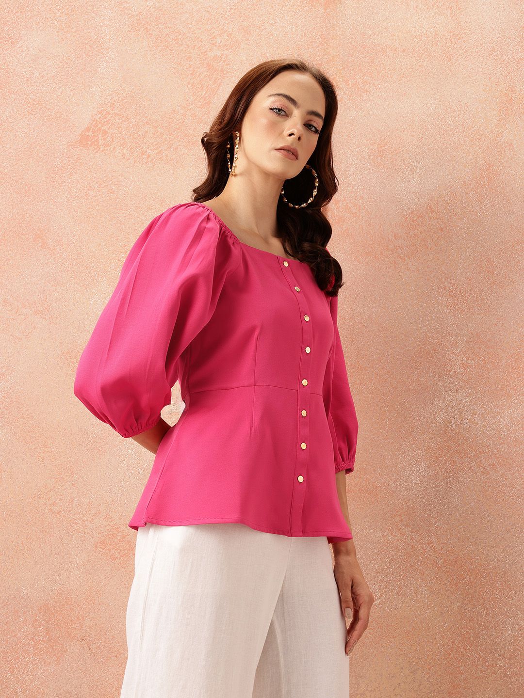 all about you Square Neck Puff Sleeves Button-Down A-Line Top