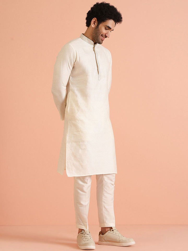 KISAH Mandarin Collar Woven Design Thread Work Cotton Straight Kurta