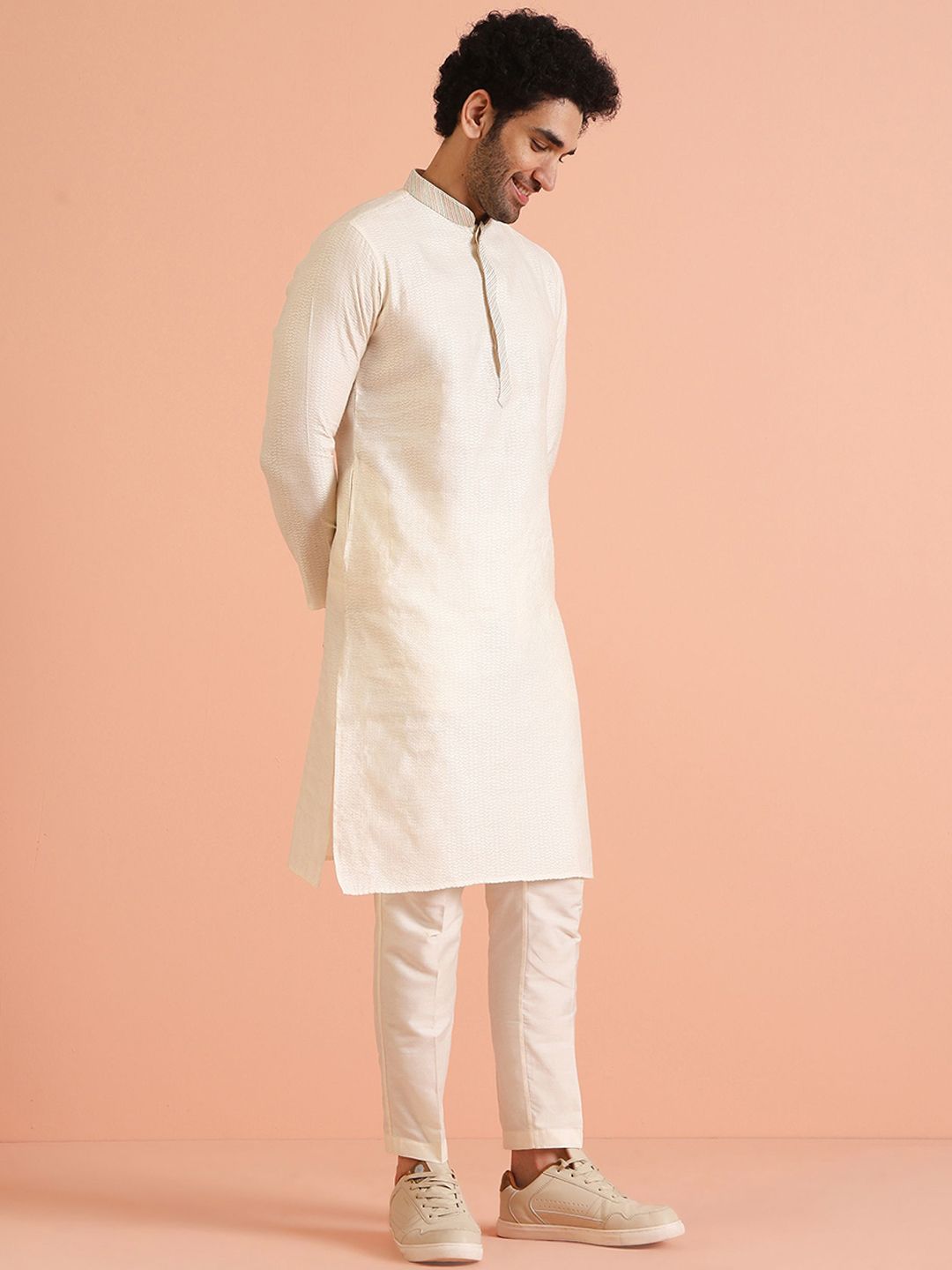 KISAH Mandarin Collar Woven Design Thread Work Cotton Straight Kurta