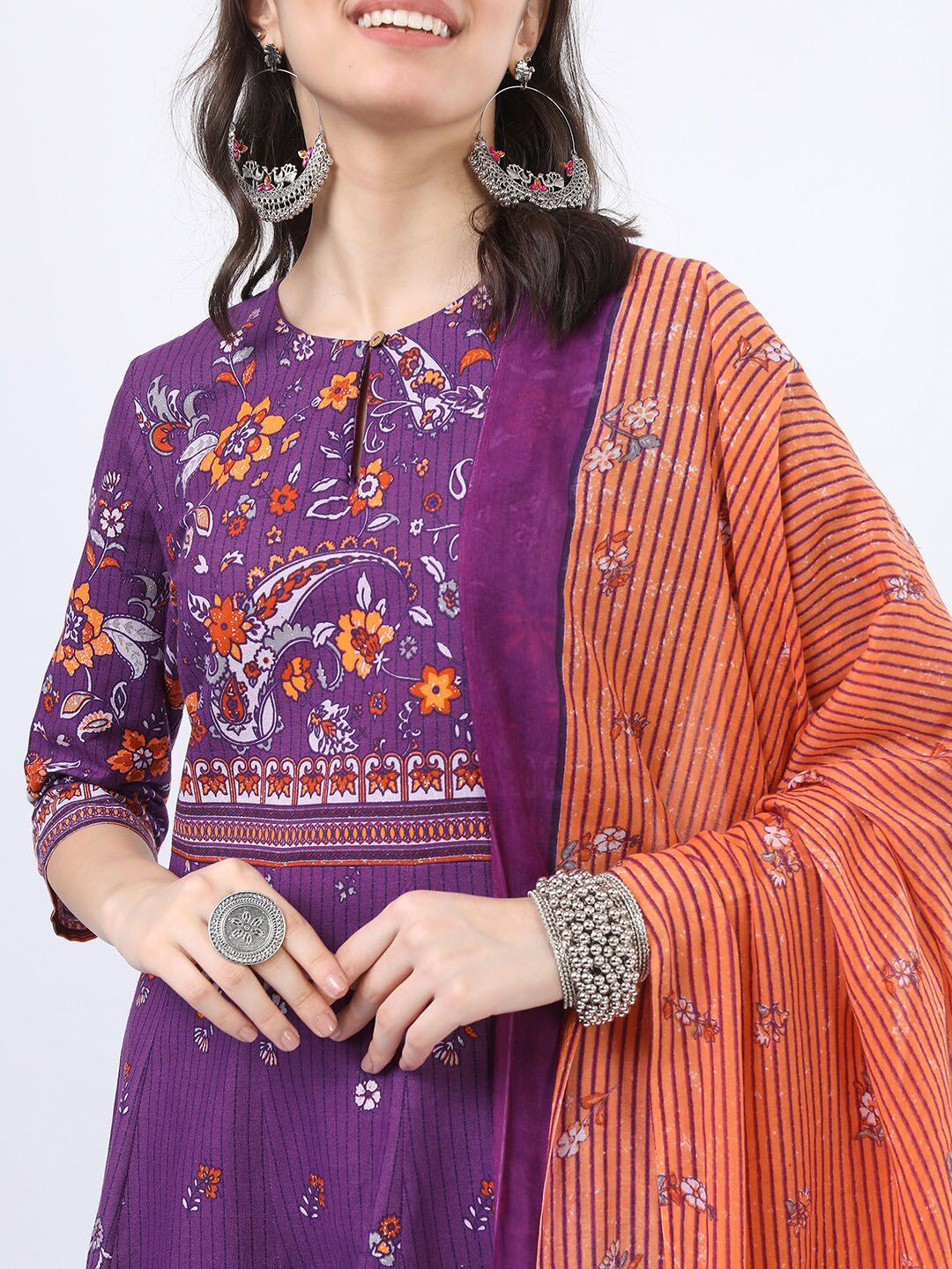 Vishudh Women Purple Ethnic Motifs Printed Panelled Pure Cotton Kurta with Palazzos & With Dupatta