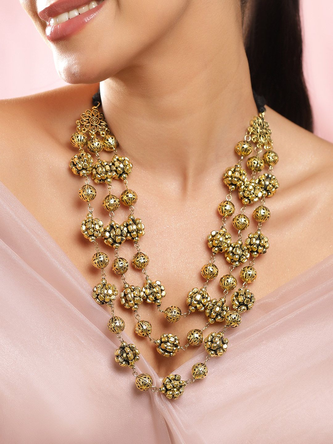 Rubans Oxidised Antique Gold-Plated Triple-Layered Floral Beaded Statement Necklace