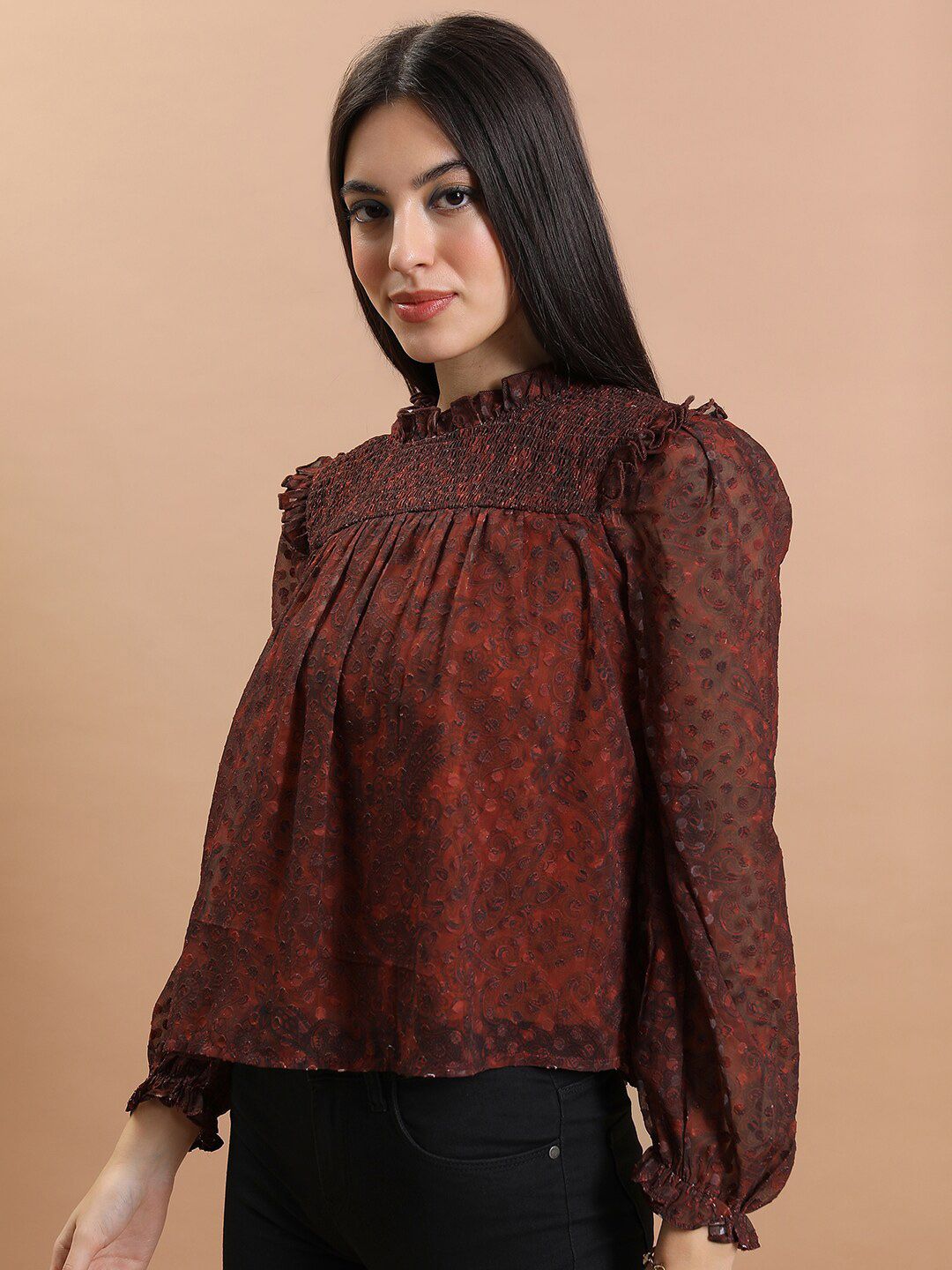 Tokyo Talkies Rust Smocked Print Blouson Top
