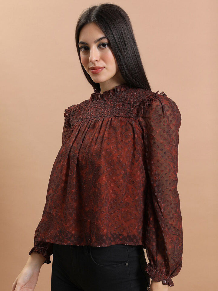 Tokyo Talkies Rust Smocked Print Blouson Top