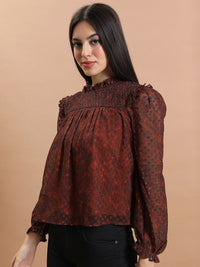 Tokyo Talkies Rust Smocked Print Blouson Top