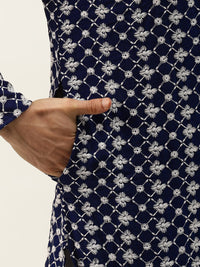 SOJANYA Men Navy Blue Chikankari Embroidered Kurta with Churidar & Nehru Jacket