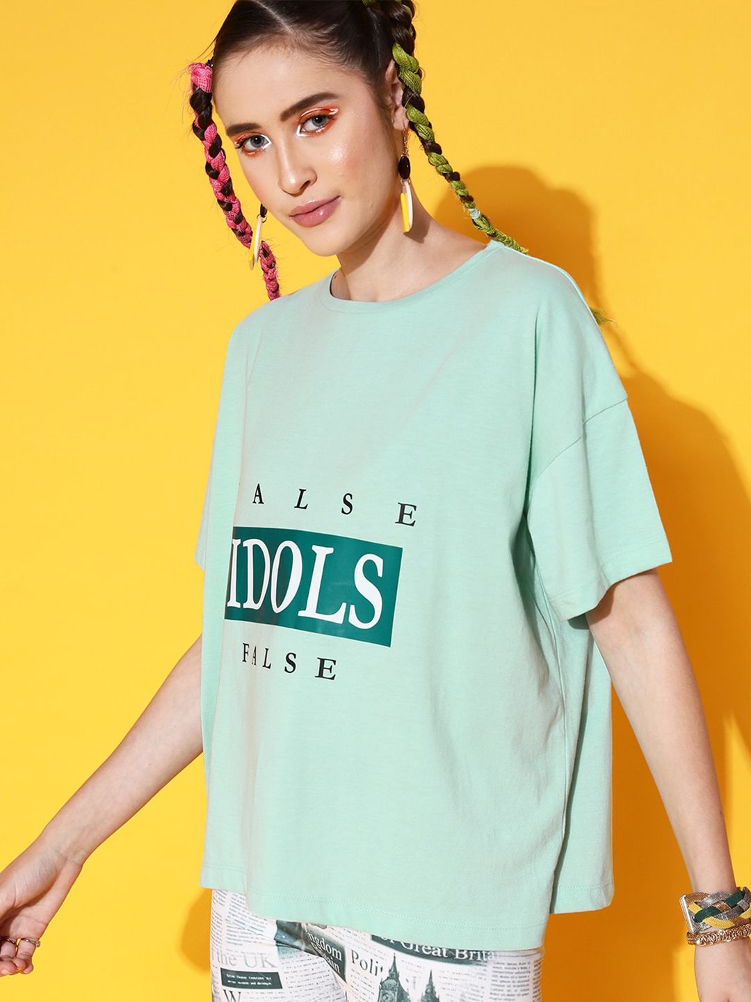 STREET 9 Women Sea Green Printed Cotton Drop-Shoulder Sleeves Bio Finish Oversized Pure Cotton T-shirt