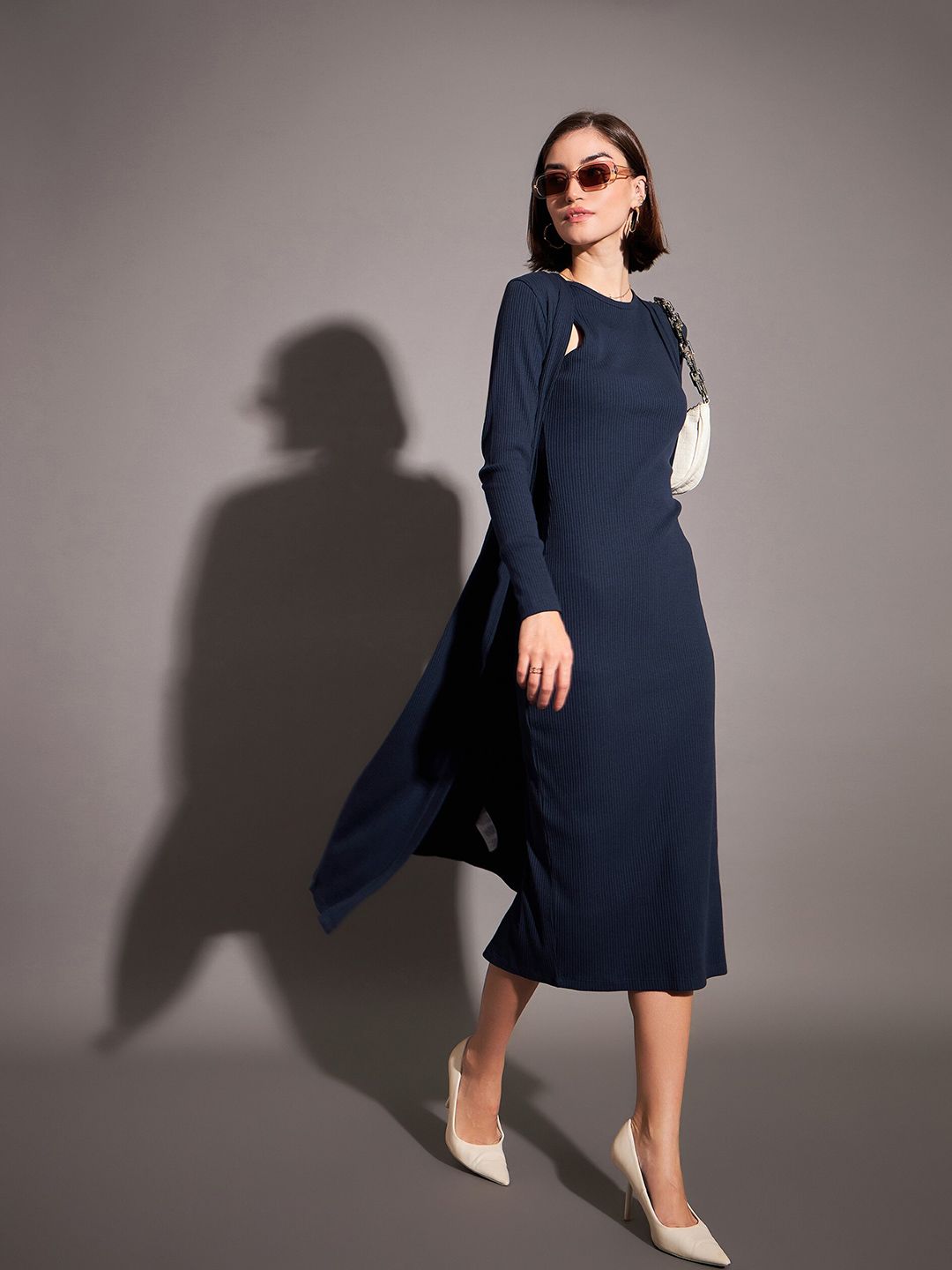 SASSAFRAS Navy Blue Self Design Longline Shrug