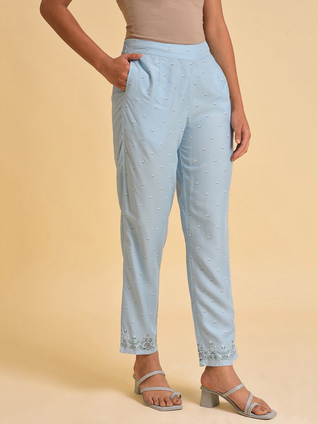 W Women Blue Floral Printed Slim Fit Trousers