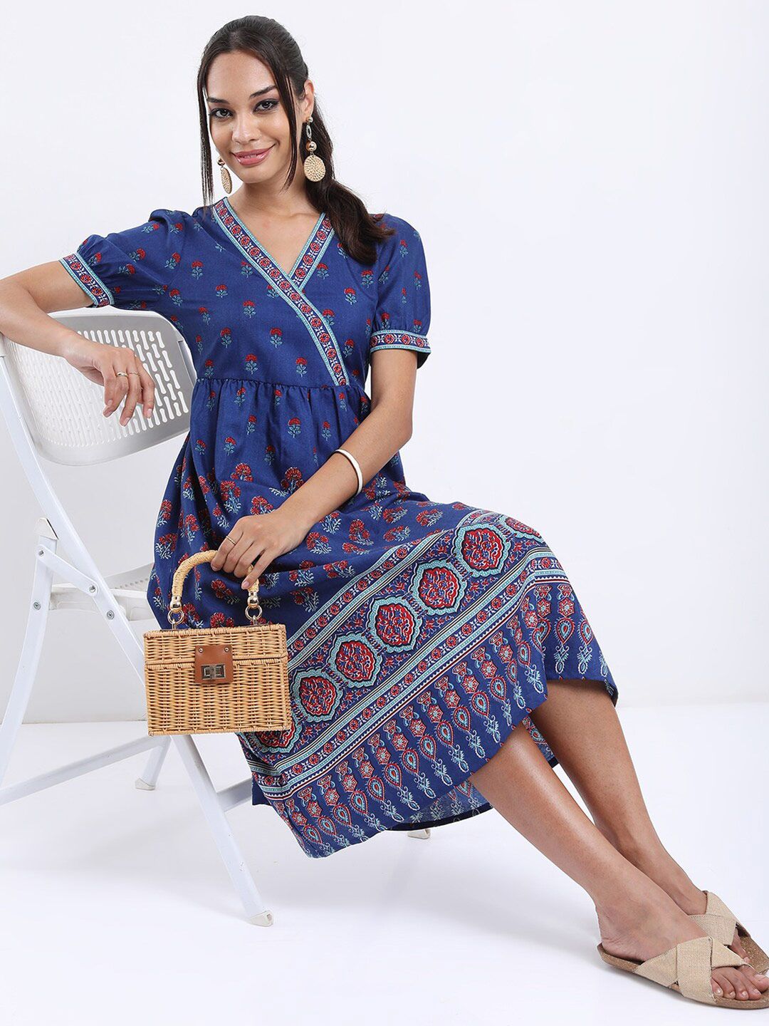 Vishudh Blue Ethnic Motifs Printed Midi Wrap Dress