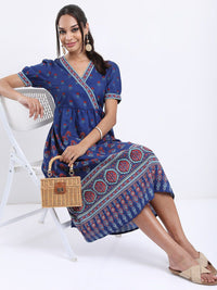 Vishudh Blue Ethnic Motifs Printed Midi Wrap Dress