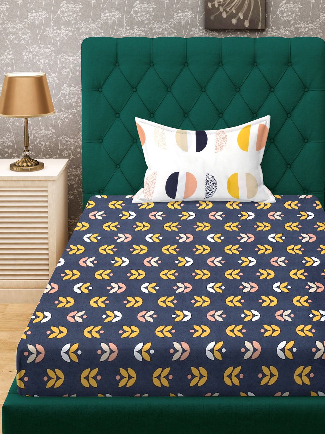 KLOTTHE Dazzle Blue Leaf Cotton 300 TC Fitted Single Bedsheet with a Pillow Cover-89 x 59 inches