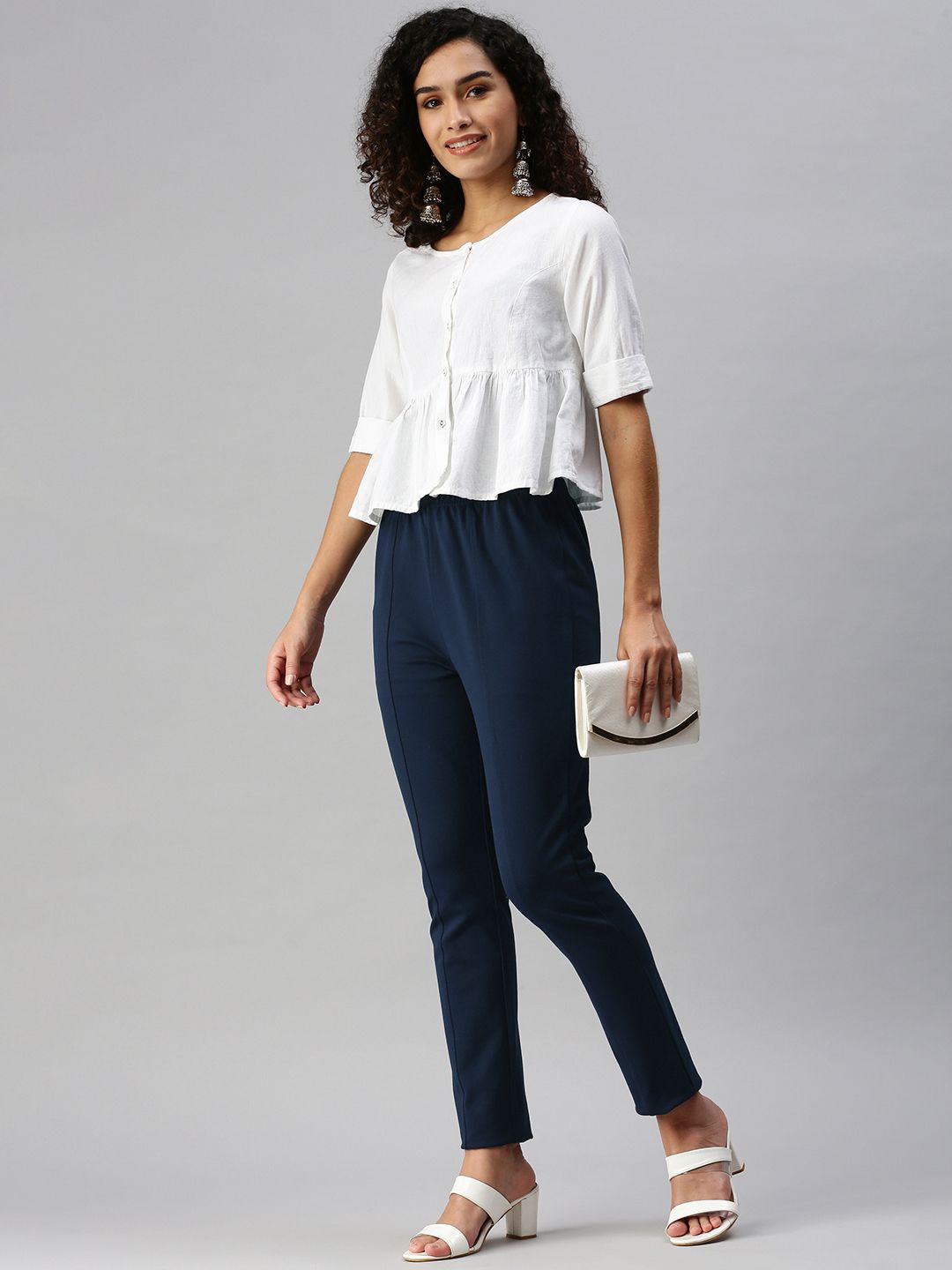 Global Desi Women Blue Solid Tapered Fit Cigarette Trousers