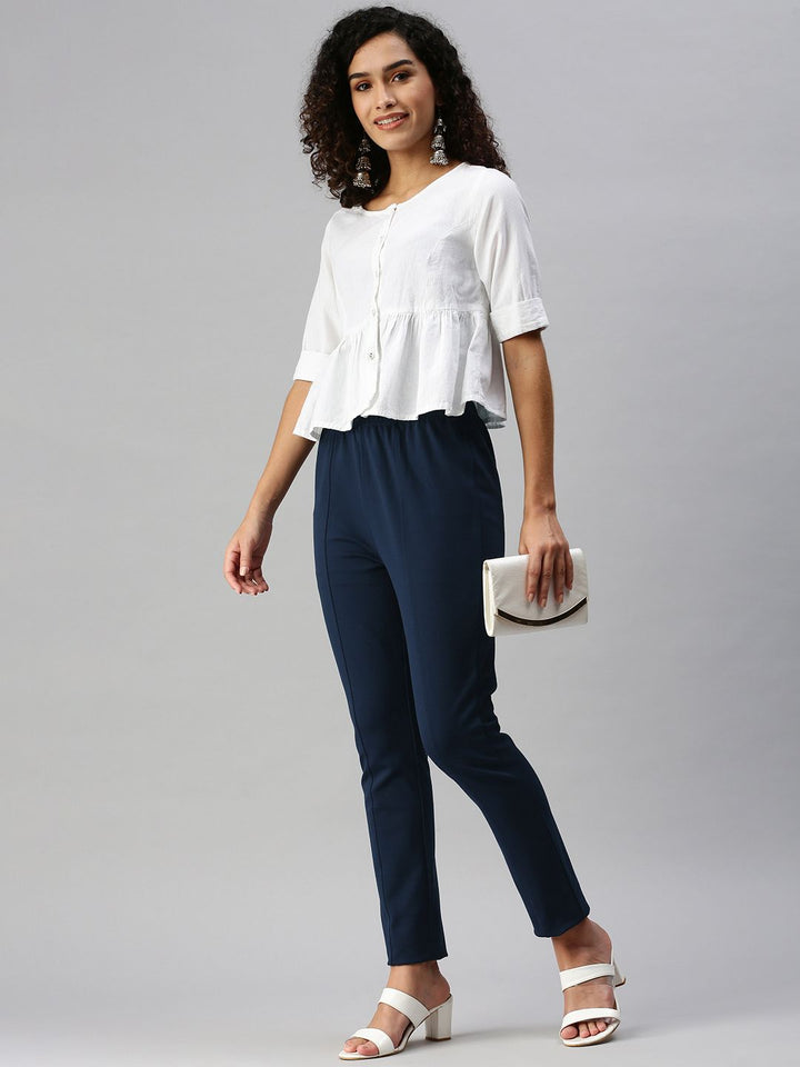 Global Desi Women Blue Solid Tapered Fit Cigarette Trousers