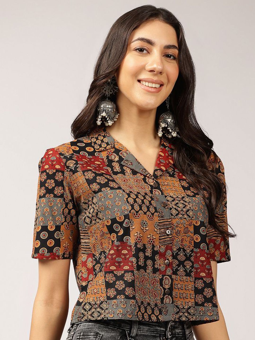 Anouk Ethnic Printed Cuban Collar Pure Cotton Shirt Style Top