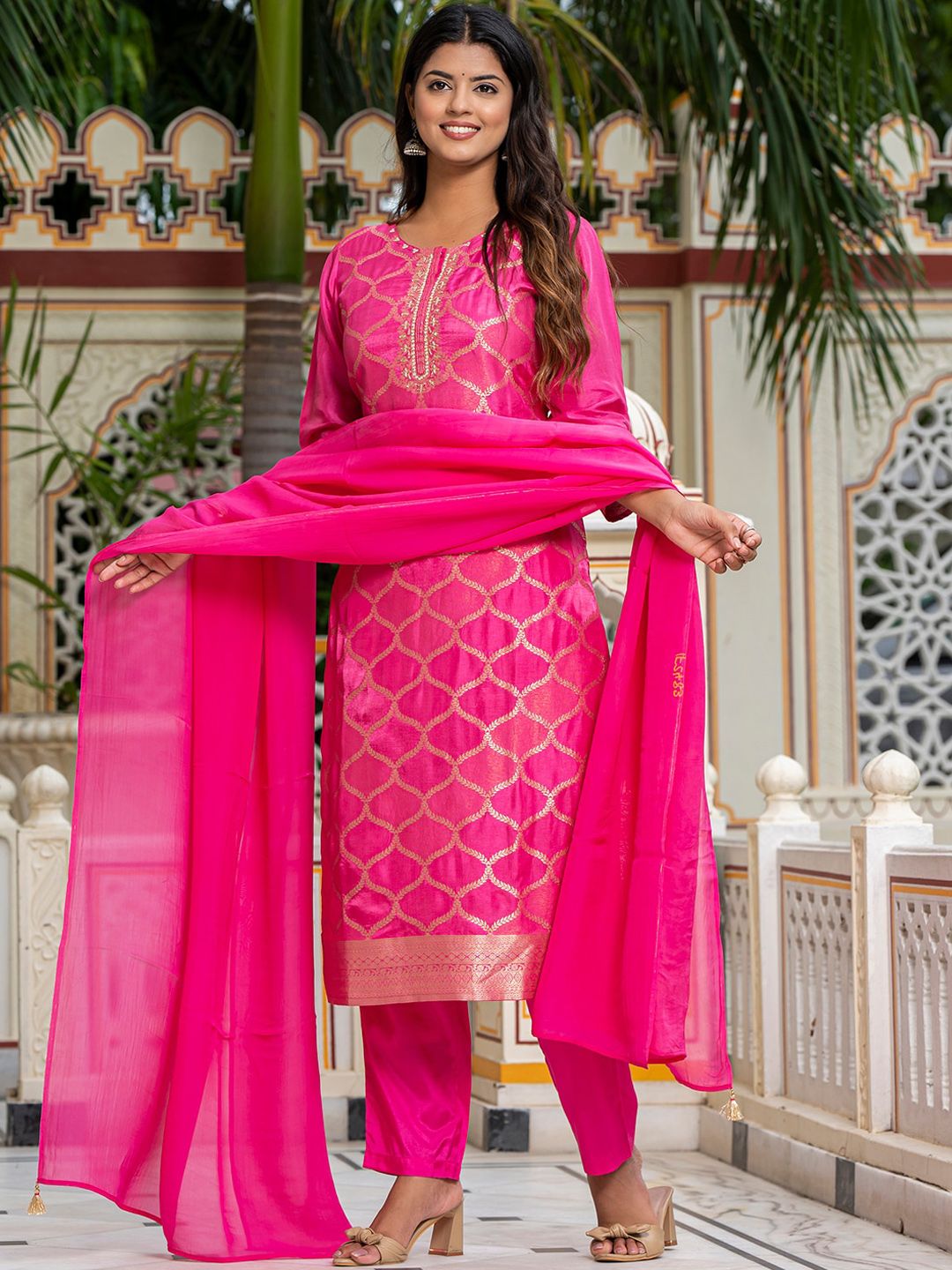Vishudh Embroidered Thread Work Kurta & Trousers With Dupatta