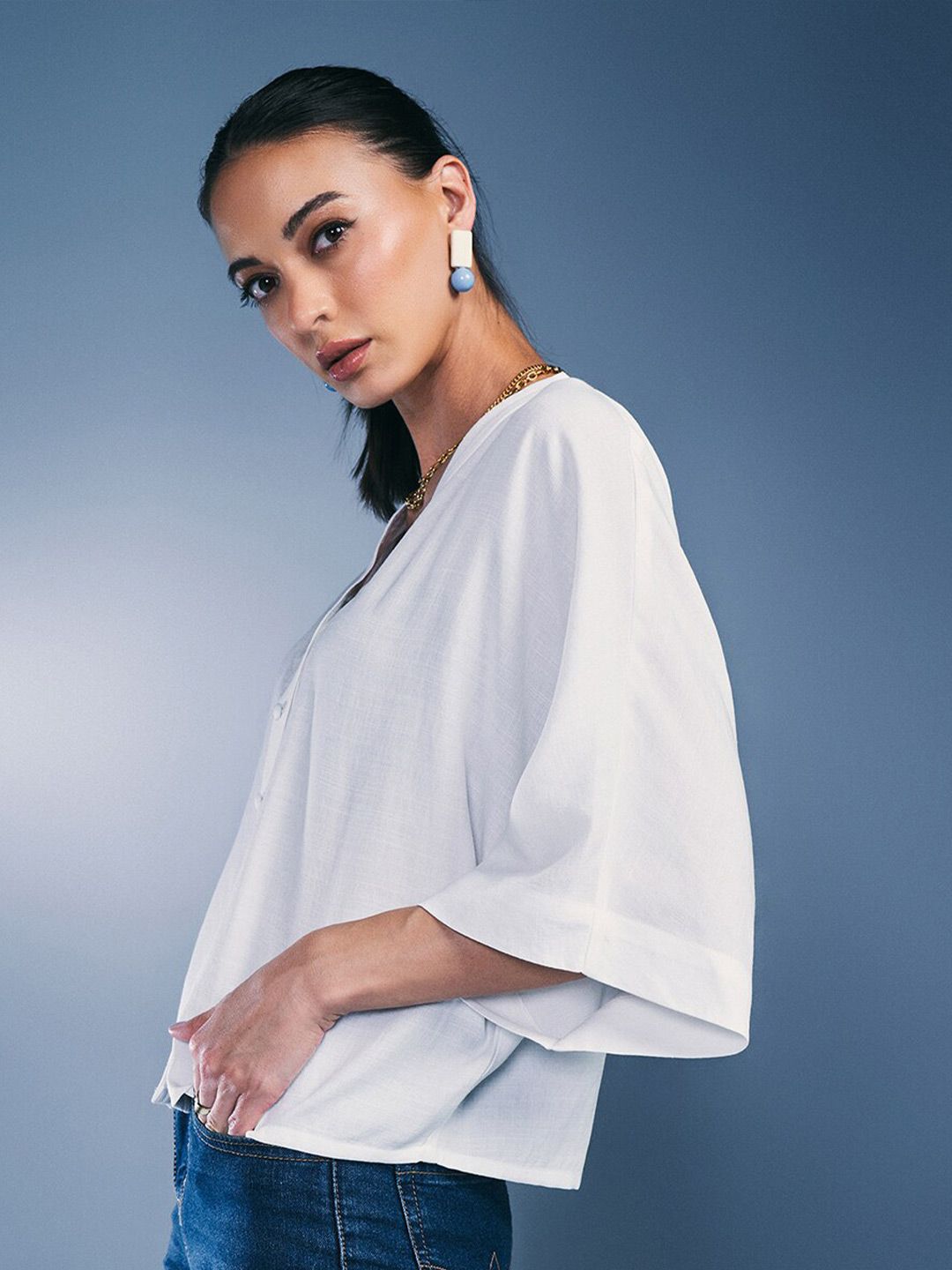 AND V-Neck Extended Sleeves Shirt Style Top