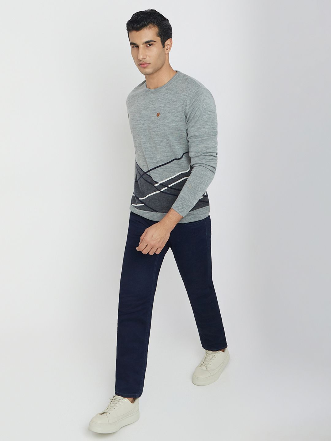 Raymond Men Grey Colourblocked Geometric Sweater