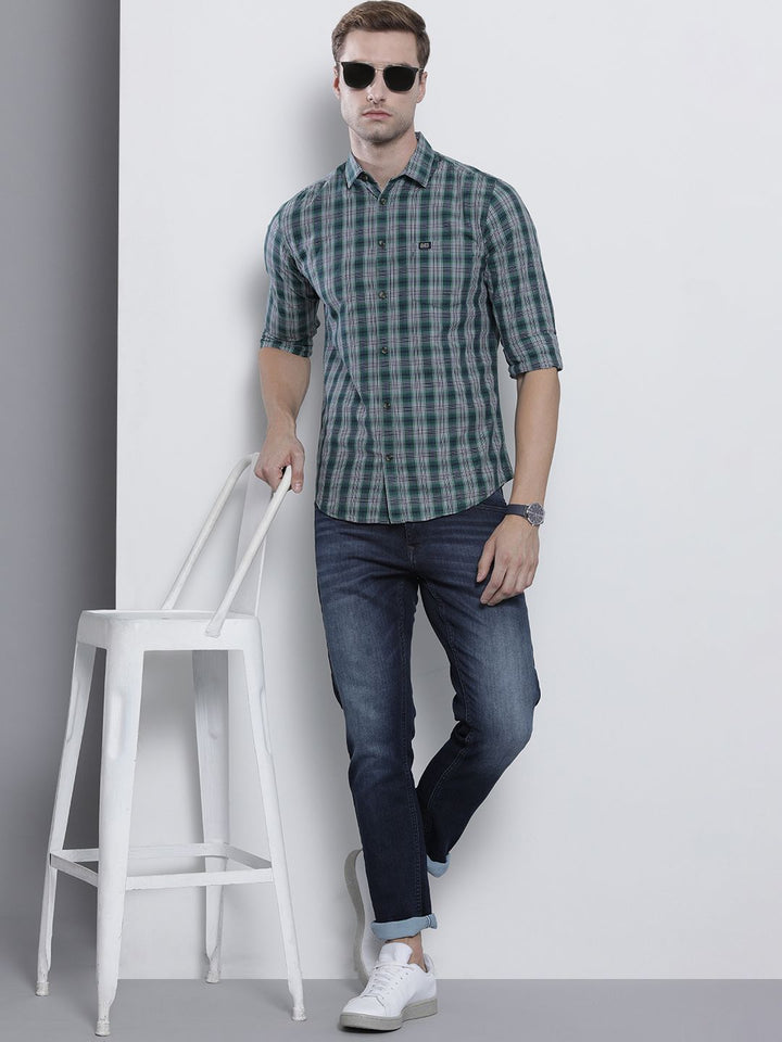 The Indian Garage Co Men Green & White Checked Cotton Casual Shirt