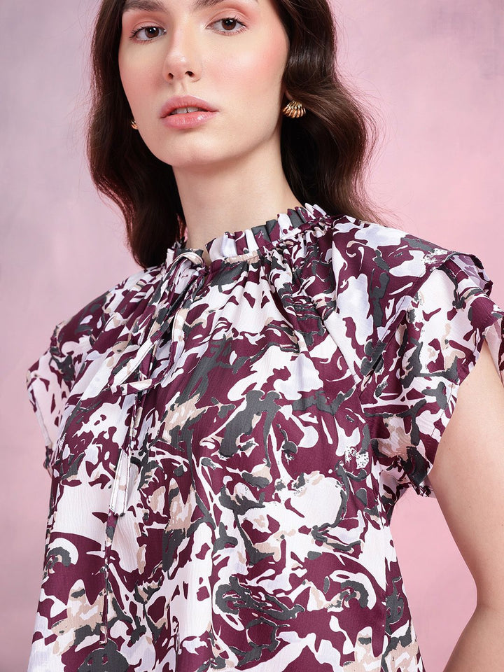 DressBerry Abstract Print Tie-Up Neck Flutter Sleeves Top with Ruffled Detail