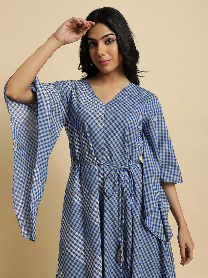 W Checked Kimono Sleeves Kaftan Pure Cotton Midi Dress