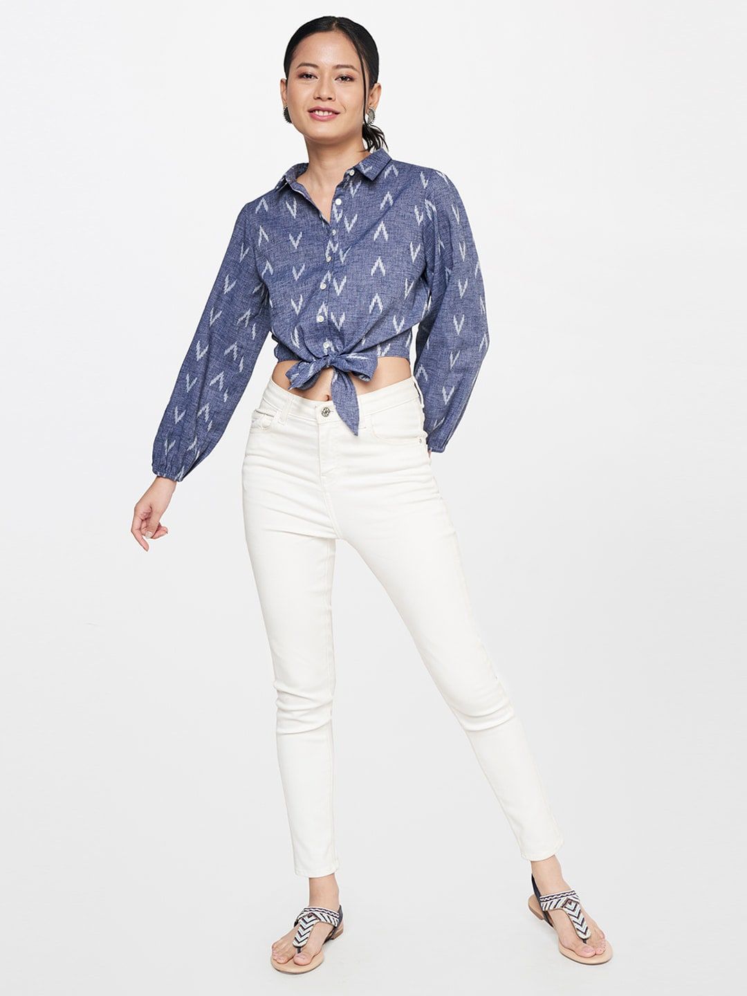 Global Desi Geometric Printed Shirt Style Waist Tie Up Pure Cotton Crop Top