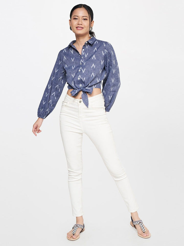 Global Desi Geometric Printed Shirt Style Waist Tie Up Pure Cotton Crop Top