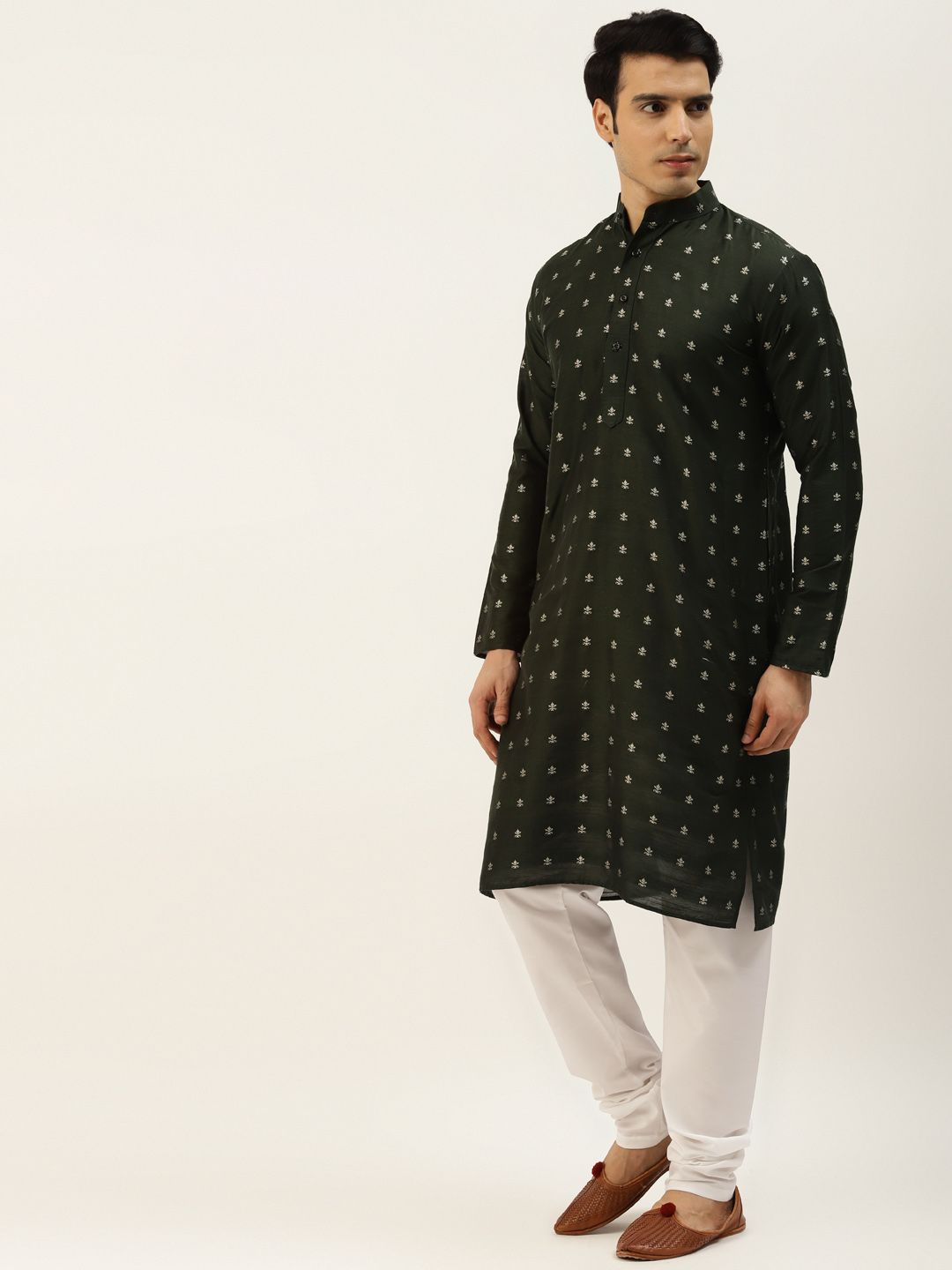 SOJANYA Men Olive Green Ethnic Motifs Kurta with Churidar & Nehru Jacket