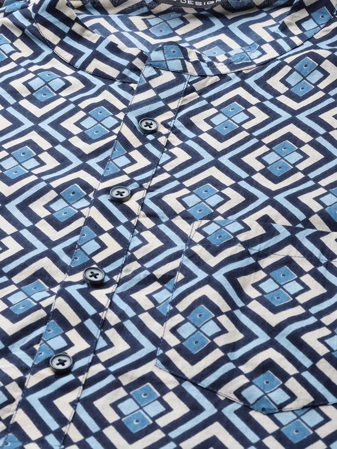 See Designs Men Blue & Grey Geometric Block Print Cotton Sustainable Handloom Kurta