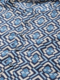 See Designs Men Blue & Grey Geometric Block Print Cotton Sustainable Handloom Kurta