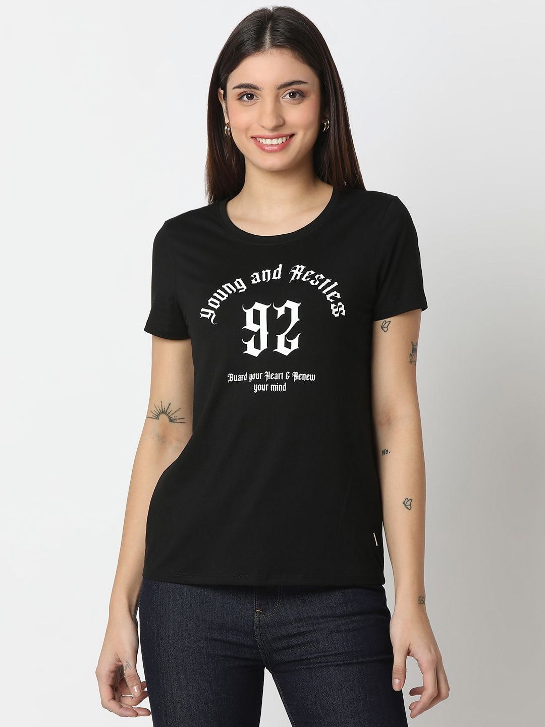 SPYKAR Women Typography Printed Round Neck Cotton T-shirt
