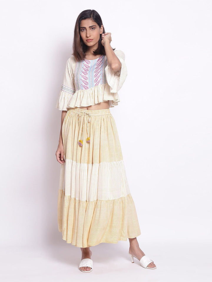 W Women Yellow Striped Top with Tiered Skirt