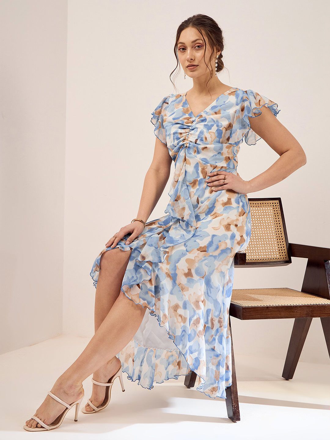 Antheaa Blue Floral Printed Puff Sleeves Gathered Ruffles Chiffon Fit & Flare Midi Dress