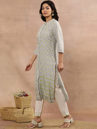 W Grey Geometric Printed Mandarin Collar Straight Kurta with Trousers