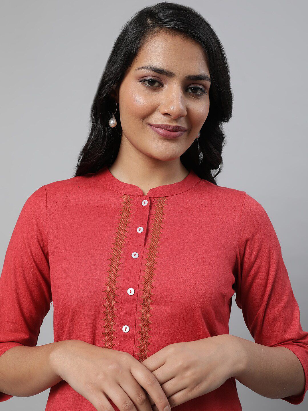 AURELIA Mandarin Collar Thread Work Straight Kurta