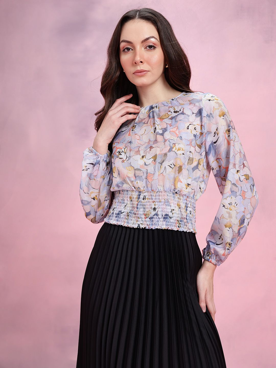 DressBerry Floral Print Smocked Detail Puff Sleeves Blouson Top