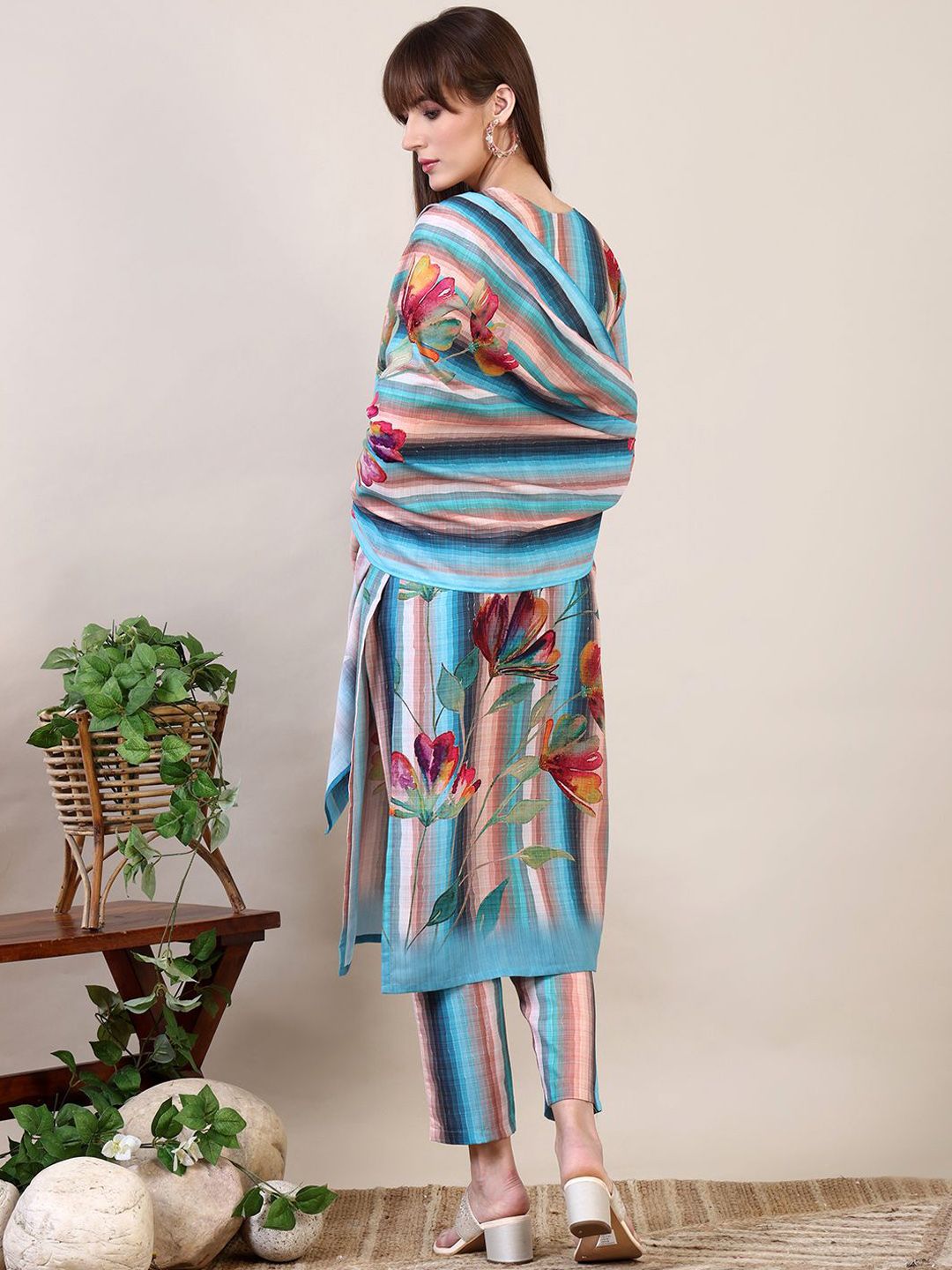 KALINI Floral Embroidered Thread Work Pure Cotton Kurta with Trousers & Dupatta