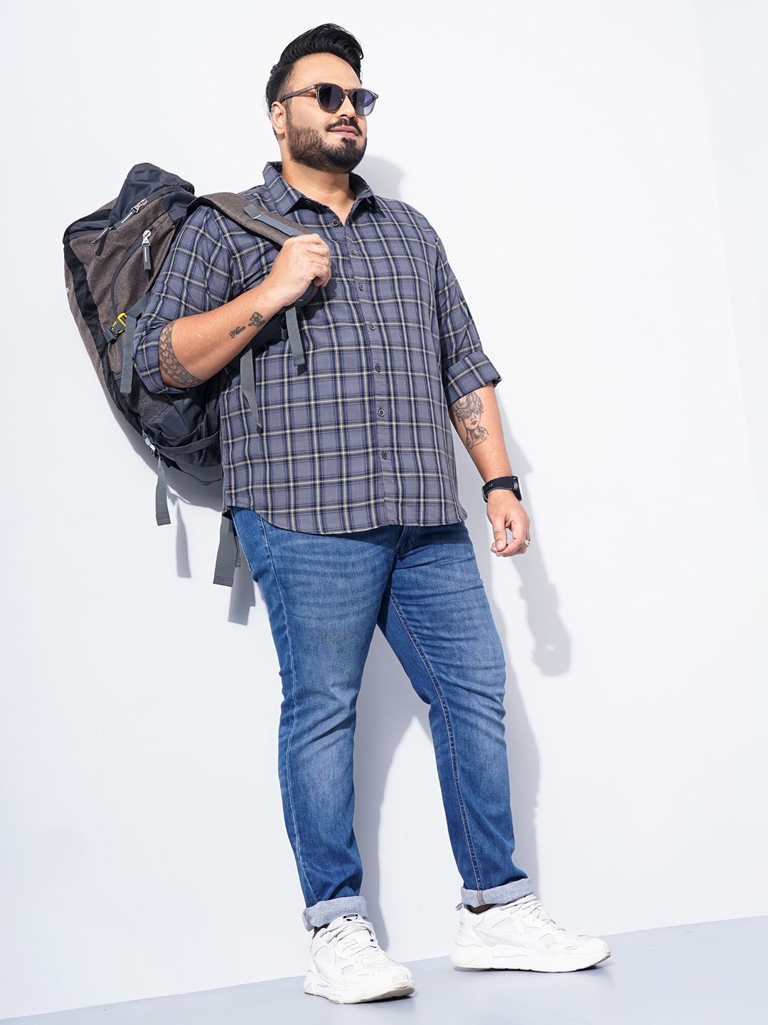 The Indian Garage Co Plus Size Windowpane Checked Cotton Casual Shirt