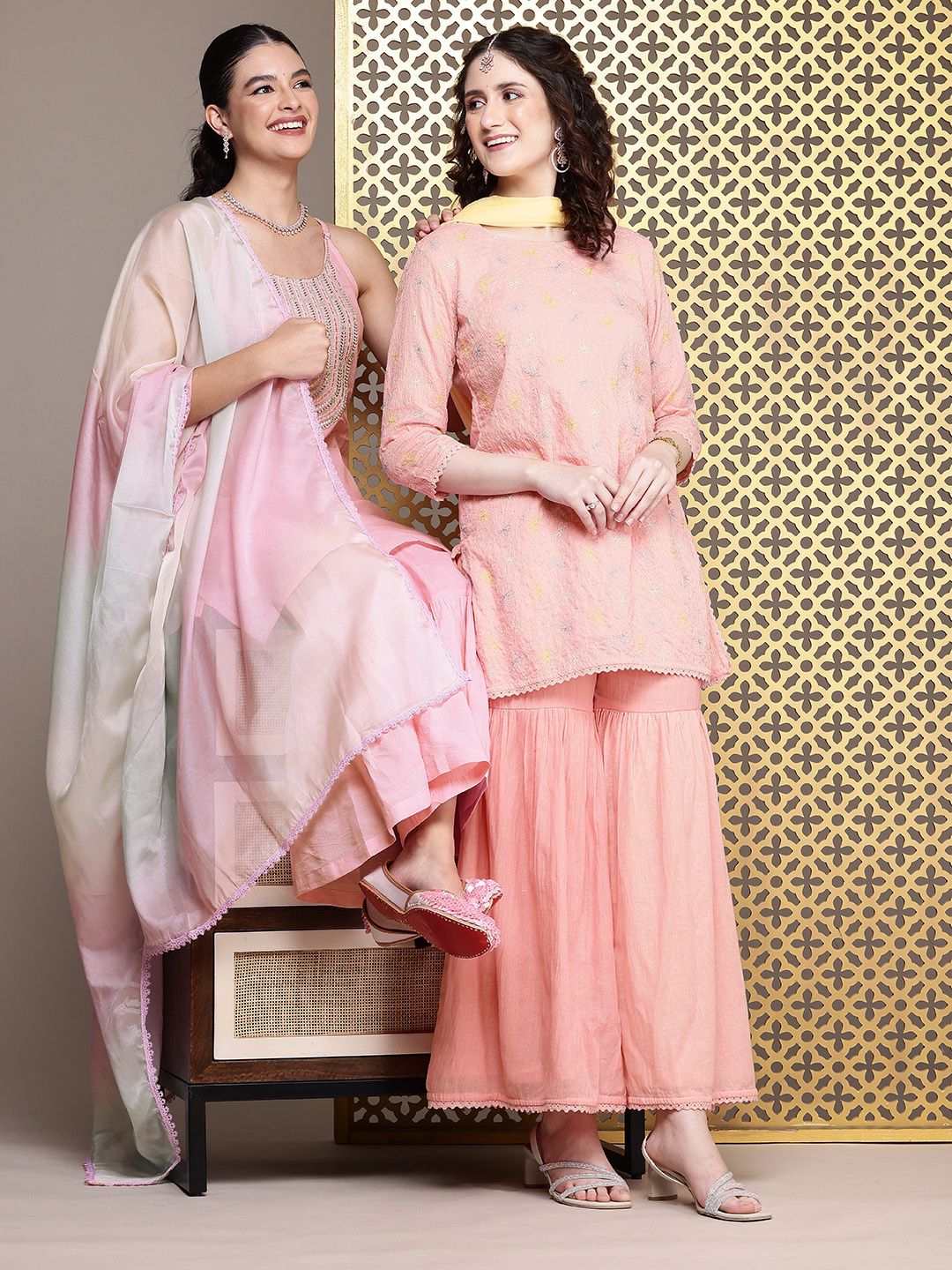 House of Pataudi Women Floral Yoke Design Pure Cotton Jashn Kurta with Sharara & Dupatta