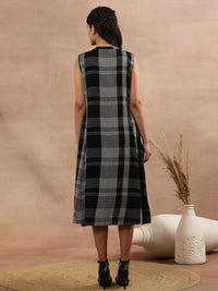 W Checked Mandarin Collar A-Line Midi Dress