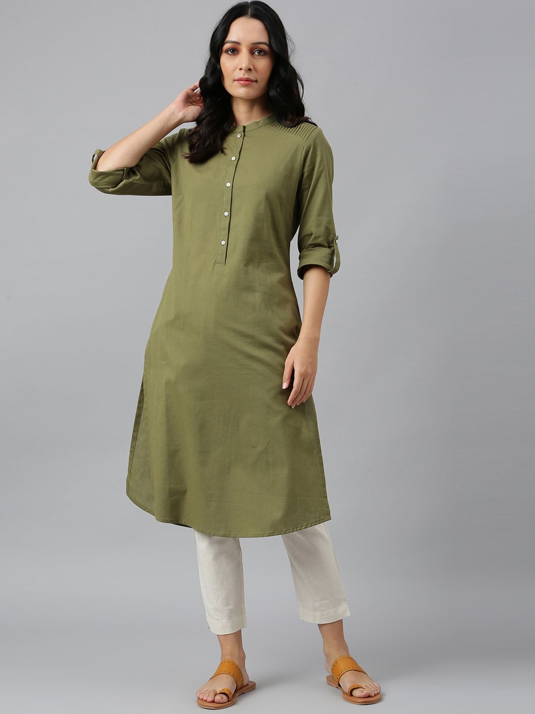 W Women Green Straight Pathani Kurta