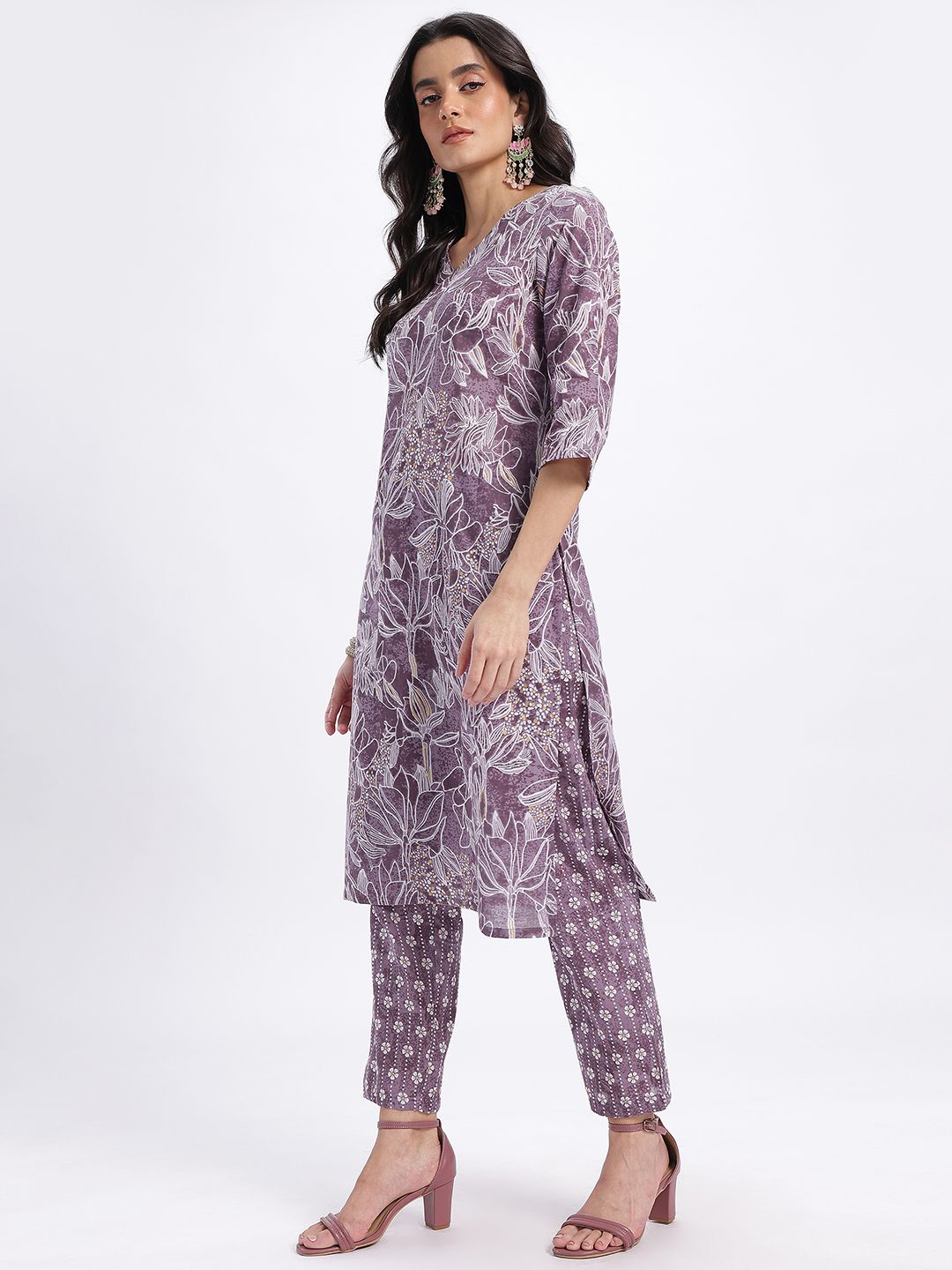 Anouk Floral Printed Pure Cotton Straight Kurta with Trousers & Dupatta